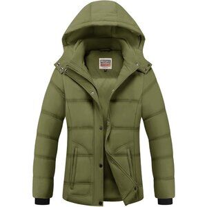 Women's Lightweight Removable Green Hood Puffer Quilted Jacket Coats Winter Warm